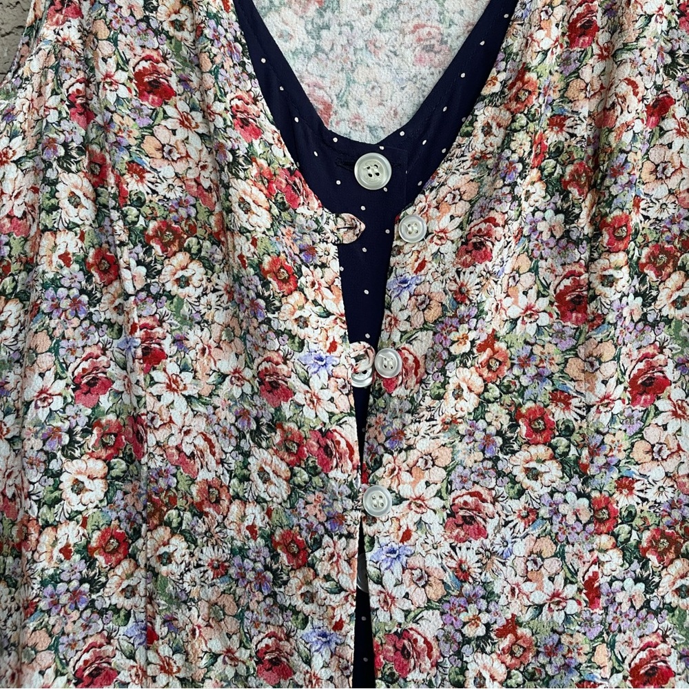 ROUJE Floral Navy Polka Dot Printed Layered Sleeveless Button Down Lorine Dress - Picture 12 of 14
